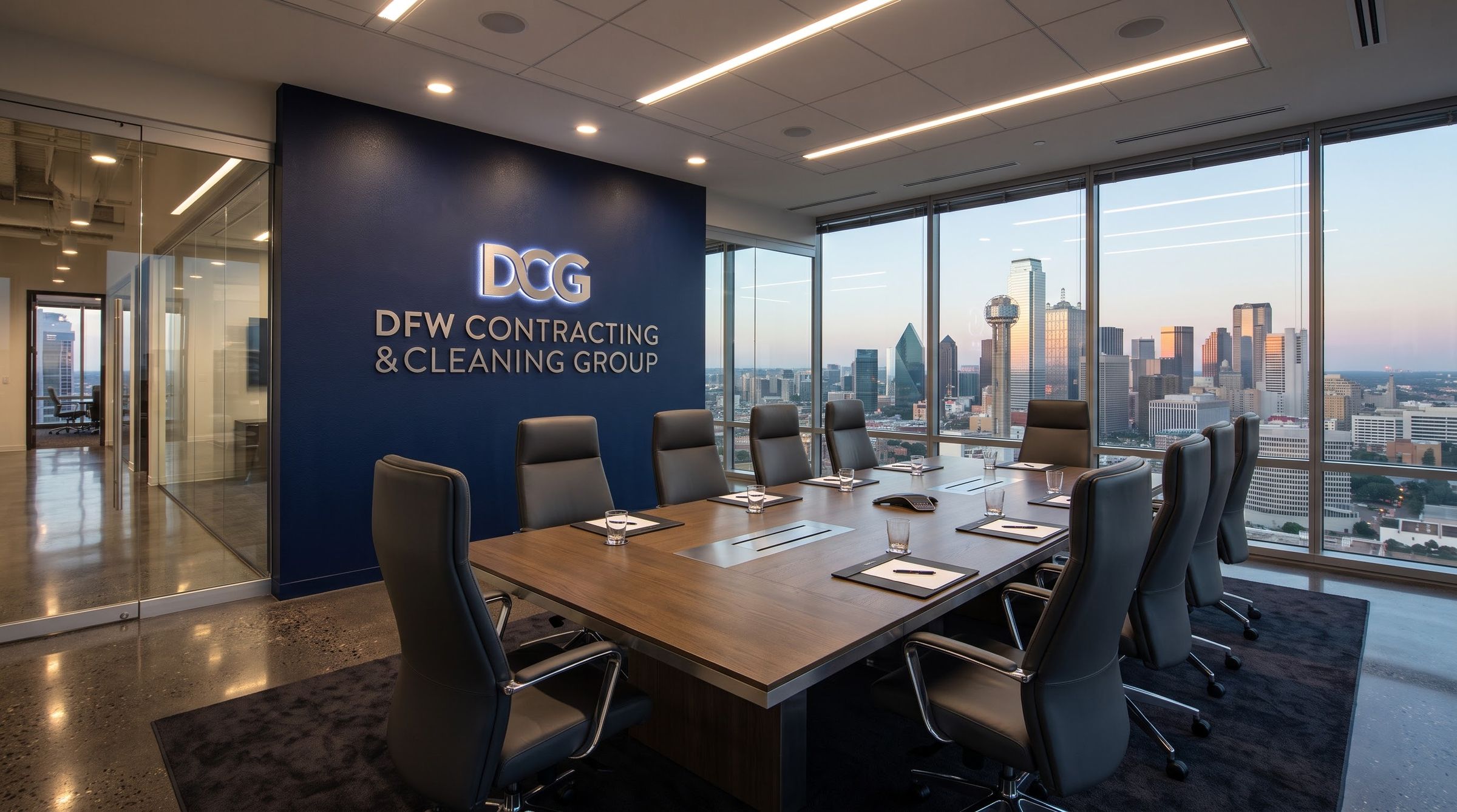 Conference room with the DFW Contracting & Cleaning Group sign on a navy wall, overlooking the Dallas skyline